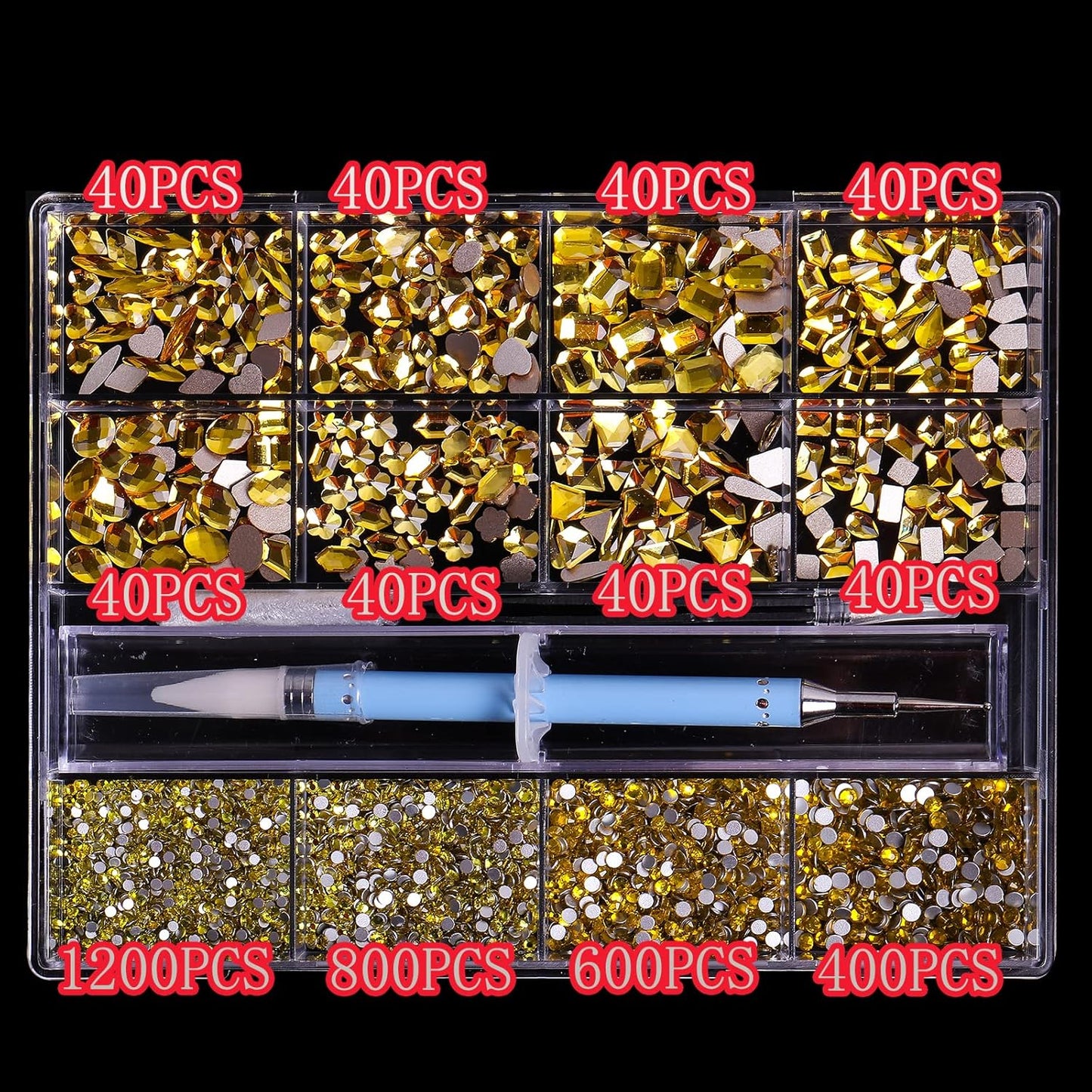 3320Pcs Lemon Yellow Nail Art Rhinestones Crystal,3D Rhinestones Gems Jewels Diamond,24 Types of 320 Diamonds + 3000 Round Beads, Crystals 3D Flat Back Gemstones for Nail DIY Crafts with Tweezers Pen