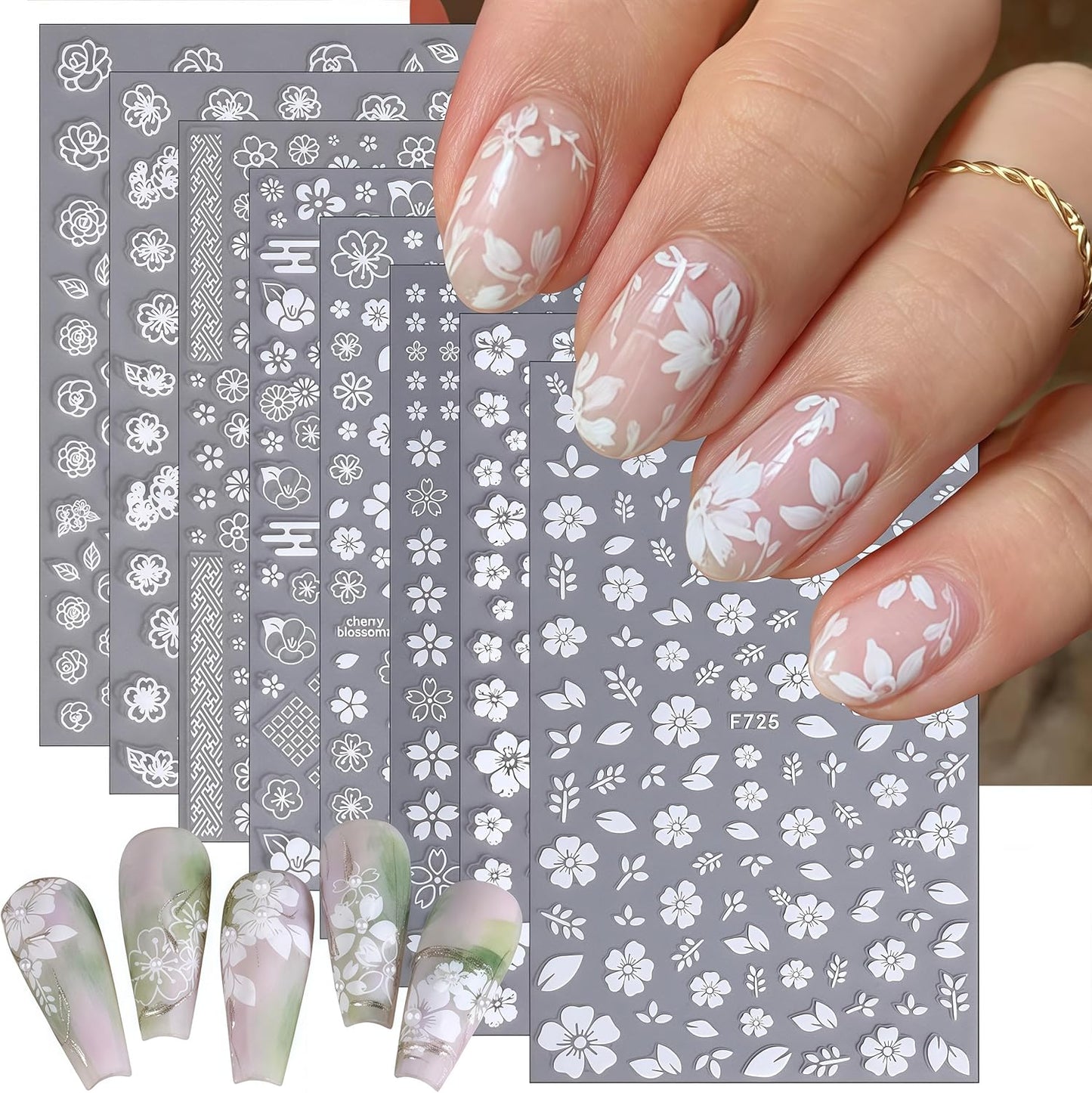 Flower Nail Stickers 3D Self-Adhesive Cute White Cherry Blossoms Decals Spring and Summer Leaves Flowers Design Supplies for Woman Girls DIY Manicure Decorations 8 Sheets