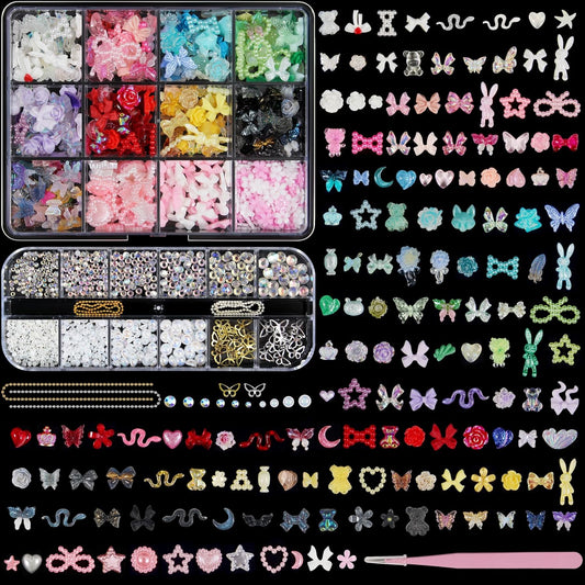 Artdone Nail Art Studs Kit, 2 boxes Multicolor 3D Charms Flower Butterfly Snake Rabbit Diamond Cute Nail Jewels for DIY Decoration with Pickup Tools