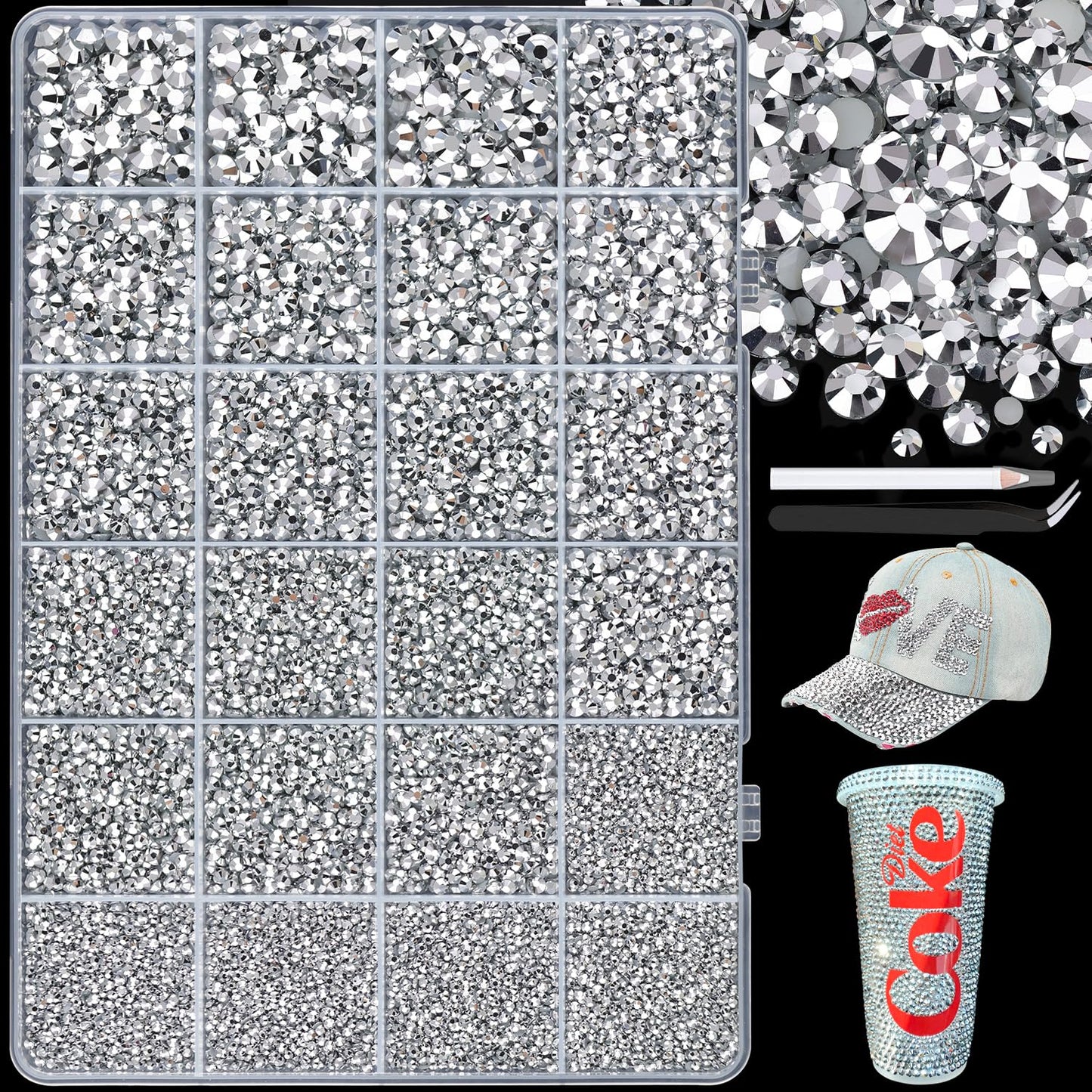 25000Pcs Resin Rhinestones with Tweezers for Crafting, 2-6mm Mixed Sizes (Silver) Non Hotfix Flatback Gems, Bedazzling Crystal for DIY Crafts Clothing Tumblers Mugs Shoes Decor Nail Art