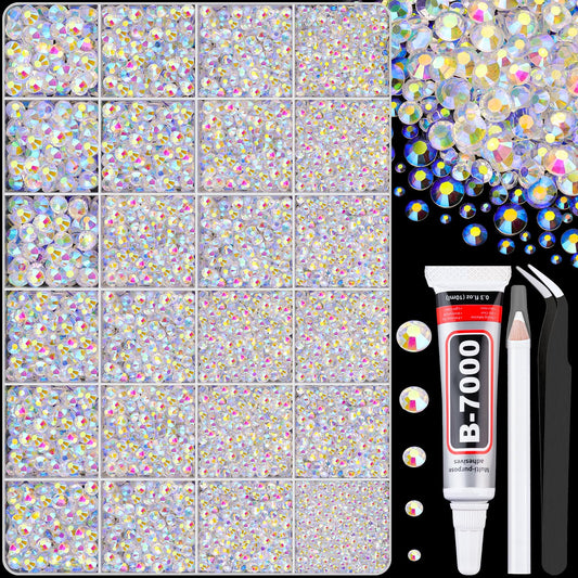 30000Pcs Transparent AB Rhinestones for Bedazzling with B7000 Jewelry Glue, Bedazzler Kit Flatback Gems, Resin Rhinestones for Crafting Crafts Clothing Shoes Fabric Nail Art Assorted Size 2/3/4/5/6mm