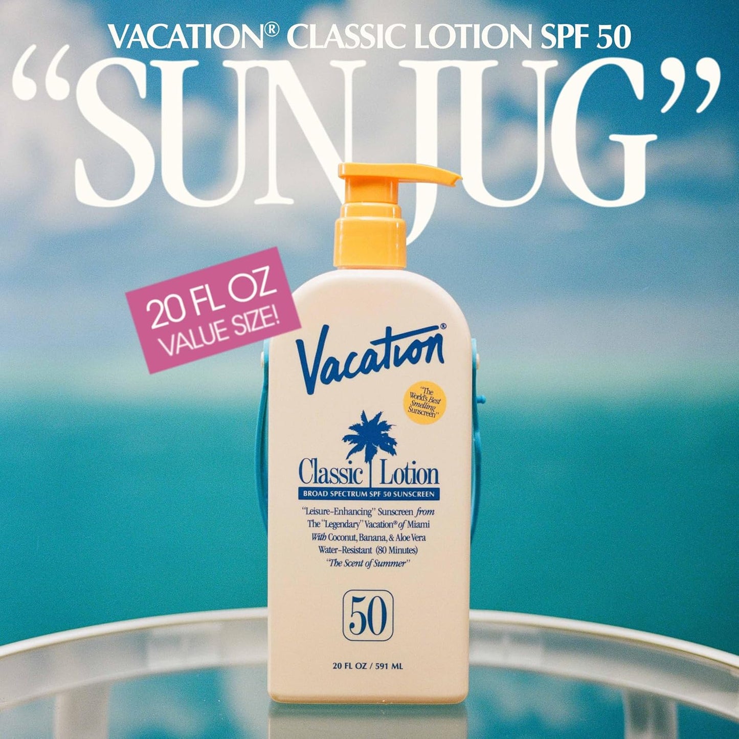 Vacation Classic Lotion SPF 50 Sun Jug, Broad Spectrum Bulk Sunscreen SPF 50, Water Resistant Sunblock, Suntan Lotion with Pump, Vegan, Family-Size, 20 Fl. Oz.