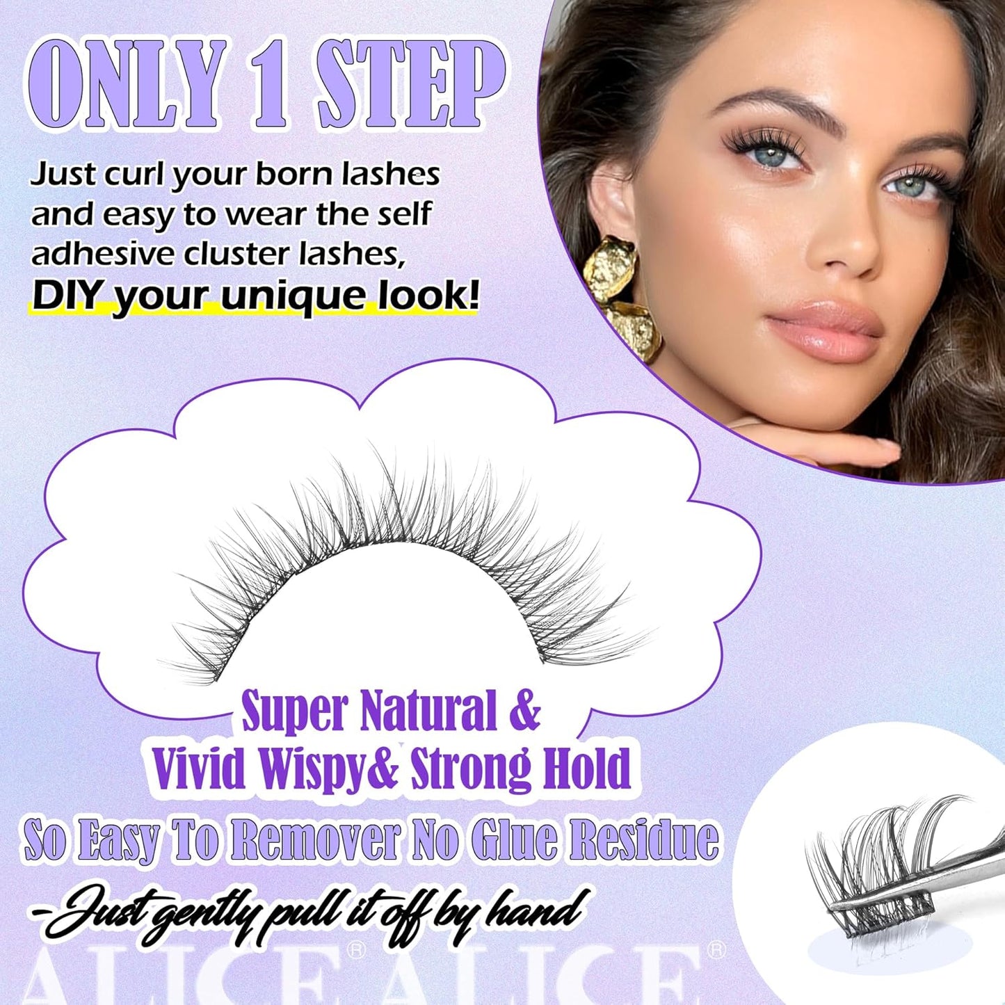 ALICE Self Adhesive Lashes Natural Look Self Adhesive Lash Clusters Wispy Reusable Press on Lashes Pre-Glue 8-14mm 120pcs C-Curly No Glue Needed Eyelashes