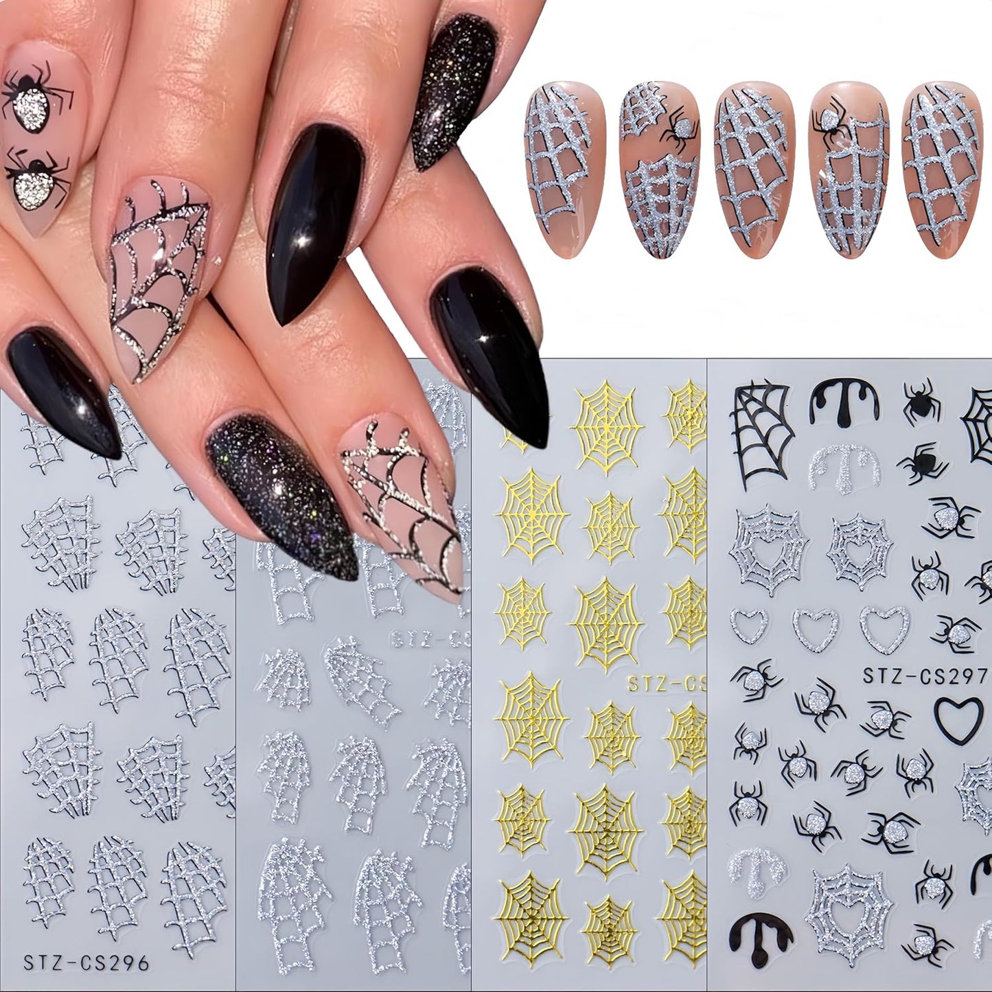 8 Sheets Halloween Nail Art Stickers Gold Silver Black Spider Web Nail Decals with Glitter Designs Nail Stickers 3D Self-Adhesive Spider Nail Supplies Horror Blood Drop Nail Decoration