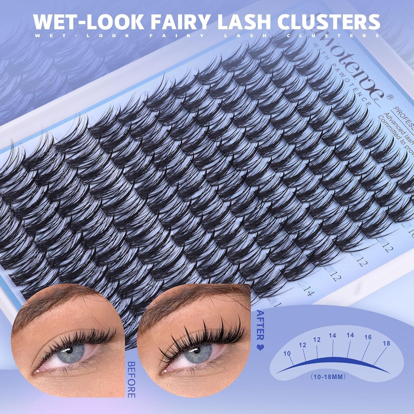 Pawotence Fairy Lash Clusters Kit Eyelash Clusters 10-18mm Wispy Lashes Clusters Eyelash Extension Kit 144pcs Natural Individual Lashes with Lash Bond and Seal, Tweezers, DIY Lash Extension Kit
