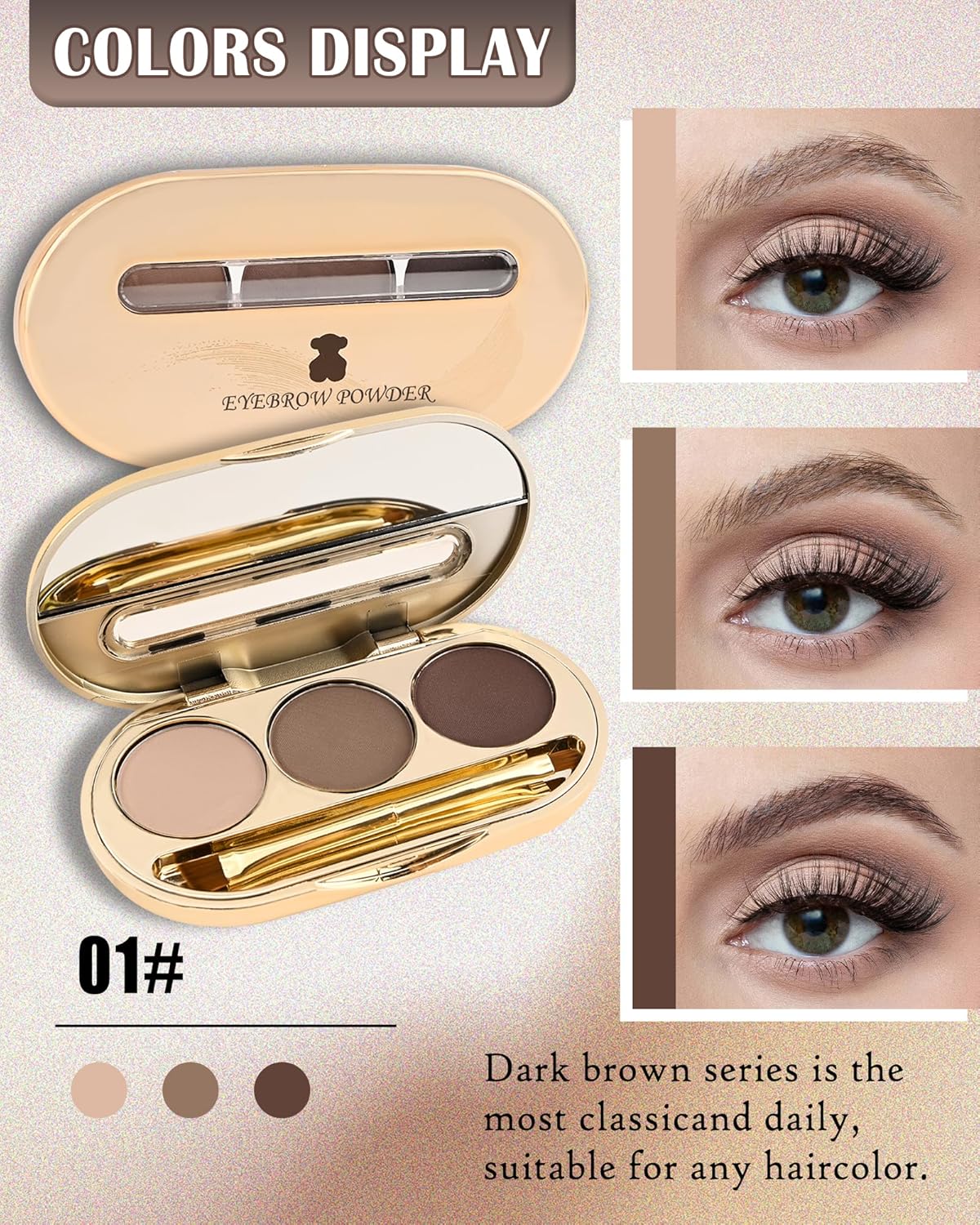 Eyebrow Powder Kit-3 Colors Eye Brow Tinting Powder Palette Long-Lasting Waterproof,Light Dark Grey Brown Brow Filler Eyeshadow,Mother's Day Makeup Gift for Women,With Mirror Brow Brush-Set 01