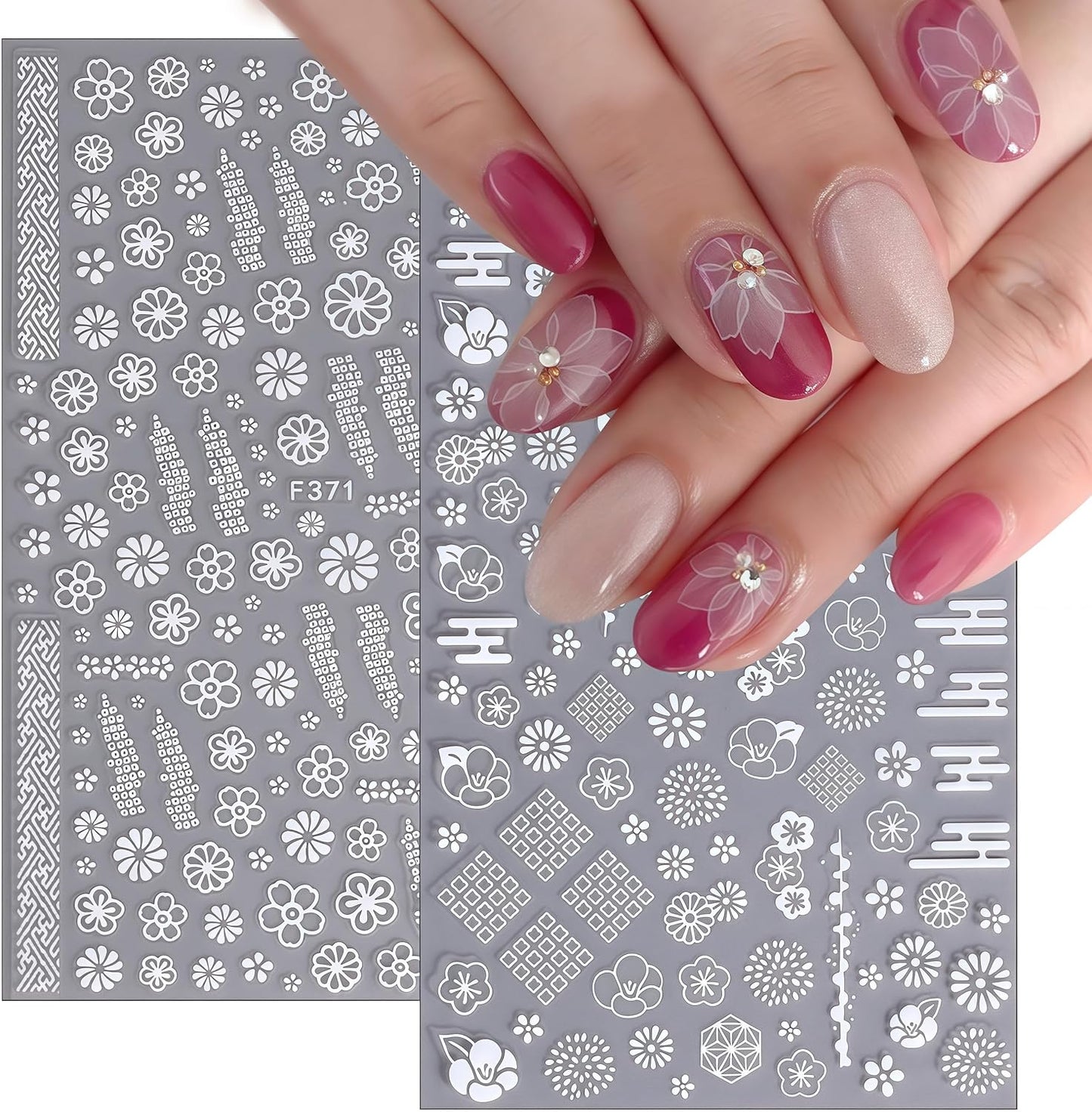 Flower Nail Stickers 3D Self-Adhesive Cute White Cherry Blossoms Decals Spring and Summer Leaves Flowers Design Supplies for Woman Girls DIY Manicure Decorations 8 Sheets