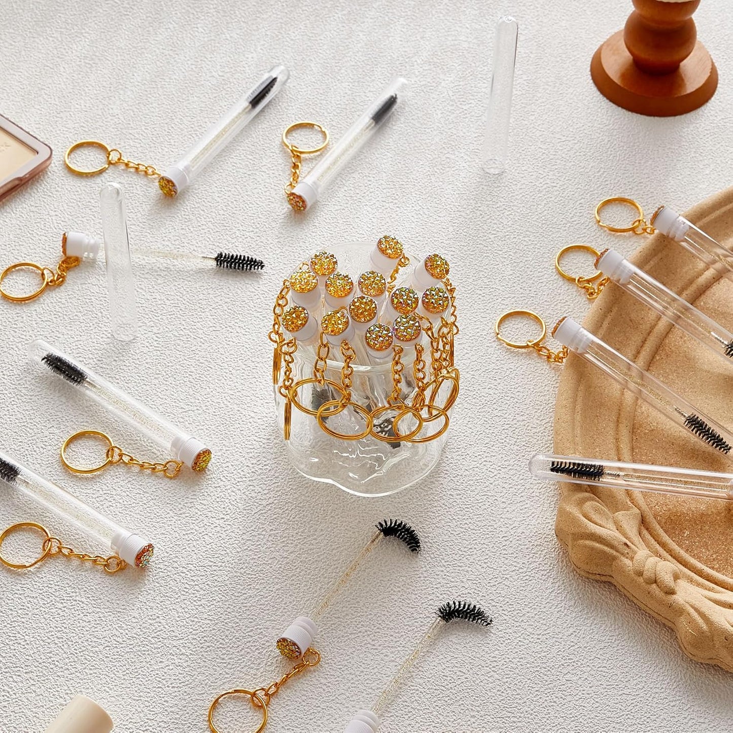 Upgrade 48 Pieces Disposable Mascara Wands Set, Include 24 Pcs Crystal Lash Spoolies Brush and 24 Pcs Reusable Keychain Empty Eyelash Brush Tubes (Gold)