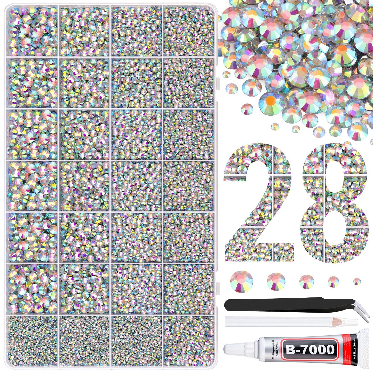 30000Pcs Resin Rhinestones for Bedazzling with Tweezers, AB Rhinestones for Crafting with B7000 Jewelry Glue for DIY Crafts Clothing Tumblers Shoes Fabric Nail Art