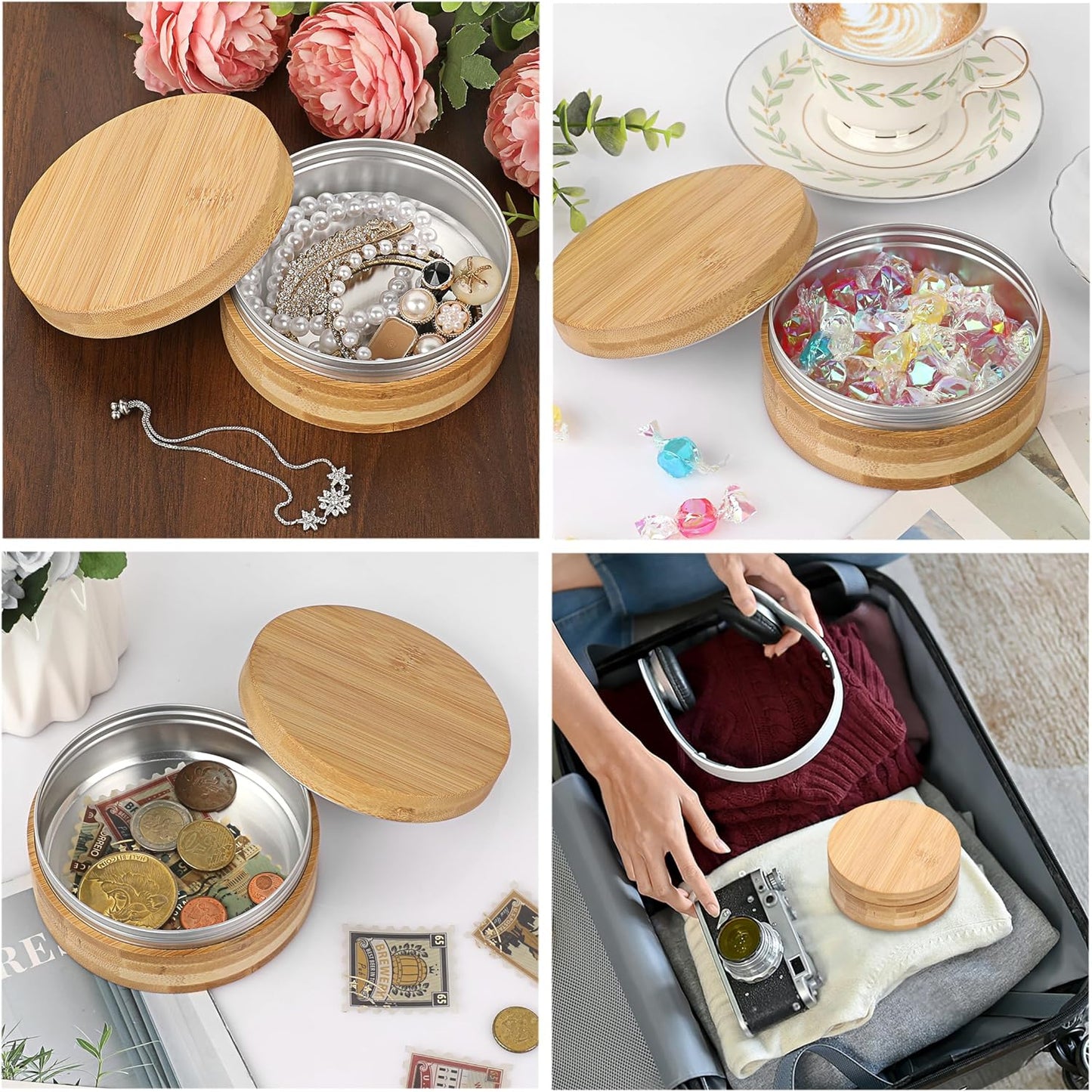 ELLDOO Body Powder Puff and Container, 10oz Empty Bamboo Case with Aluminum Inner Jar, Travel Loose Dusting Powder Storage Box with 2pcs Powder Puffs for Baby Women