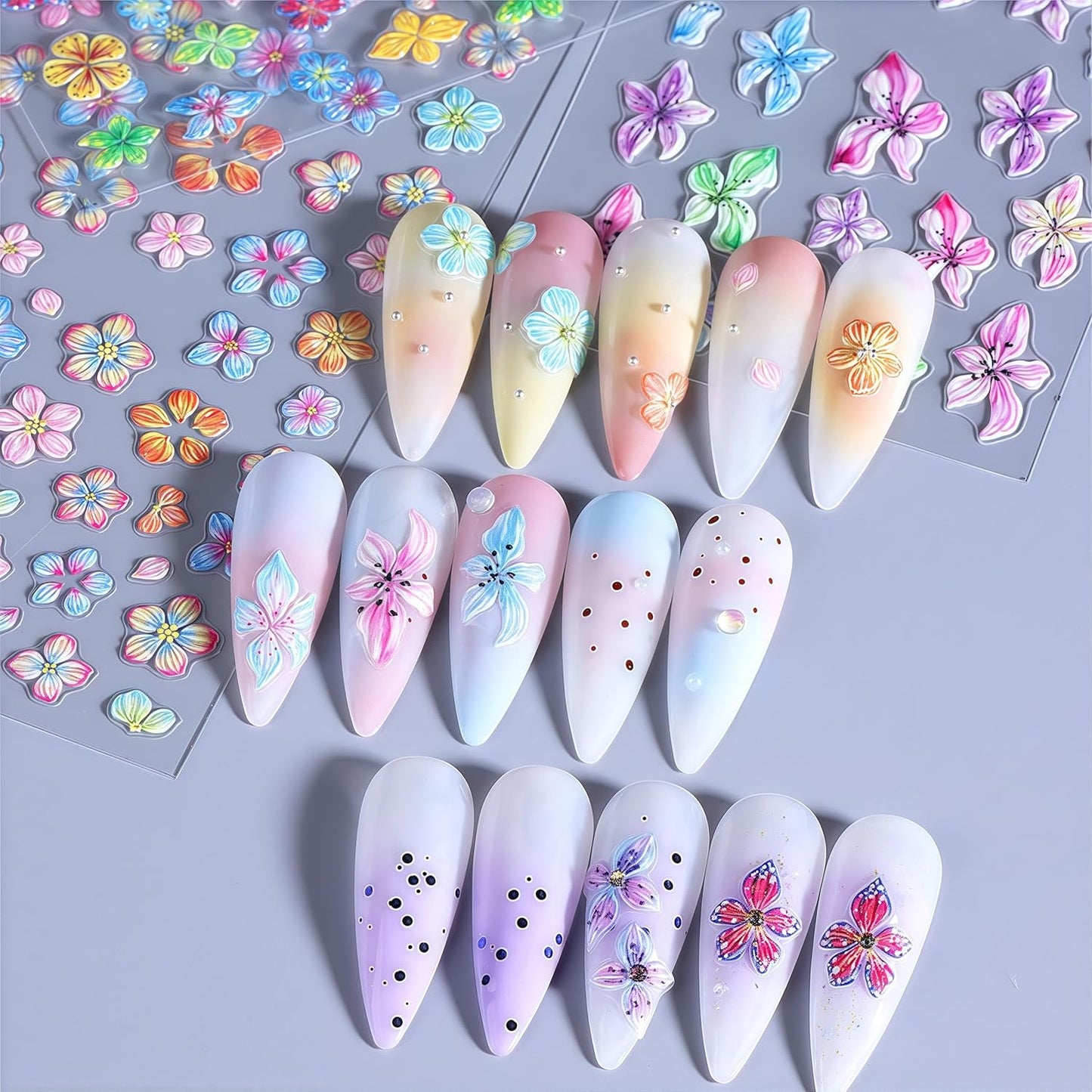 Flower Nail Art Stickers 5D Embossed Self Adhesive Lily Flower Stickers Summer Hibiscus Floral Decals Charms Vacation Design Pegatinas para Uñas for Women Girls DIY Manicure Decoration 3 Sheet